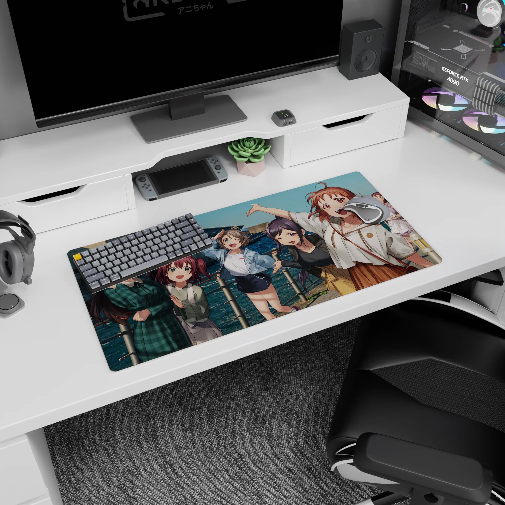 Anime girl mouse pad 32x16 inches showing one girl waving and another winking, friends packed in a seaside frame.
