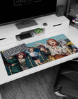 Anime girl desk pad 36x16 inches showing a girl raising her arm, friends crowding a sunny seaside railing.
