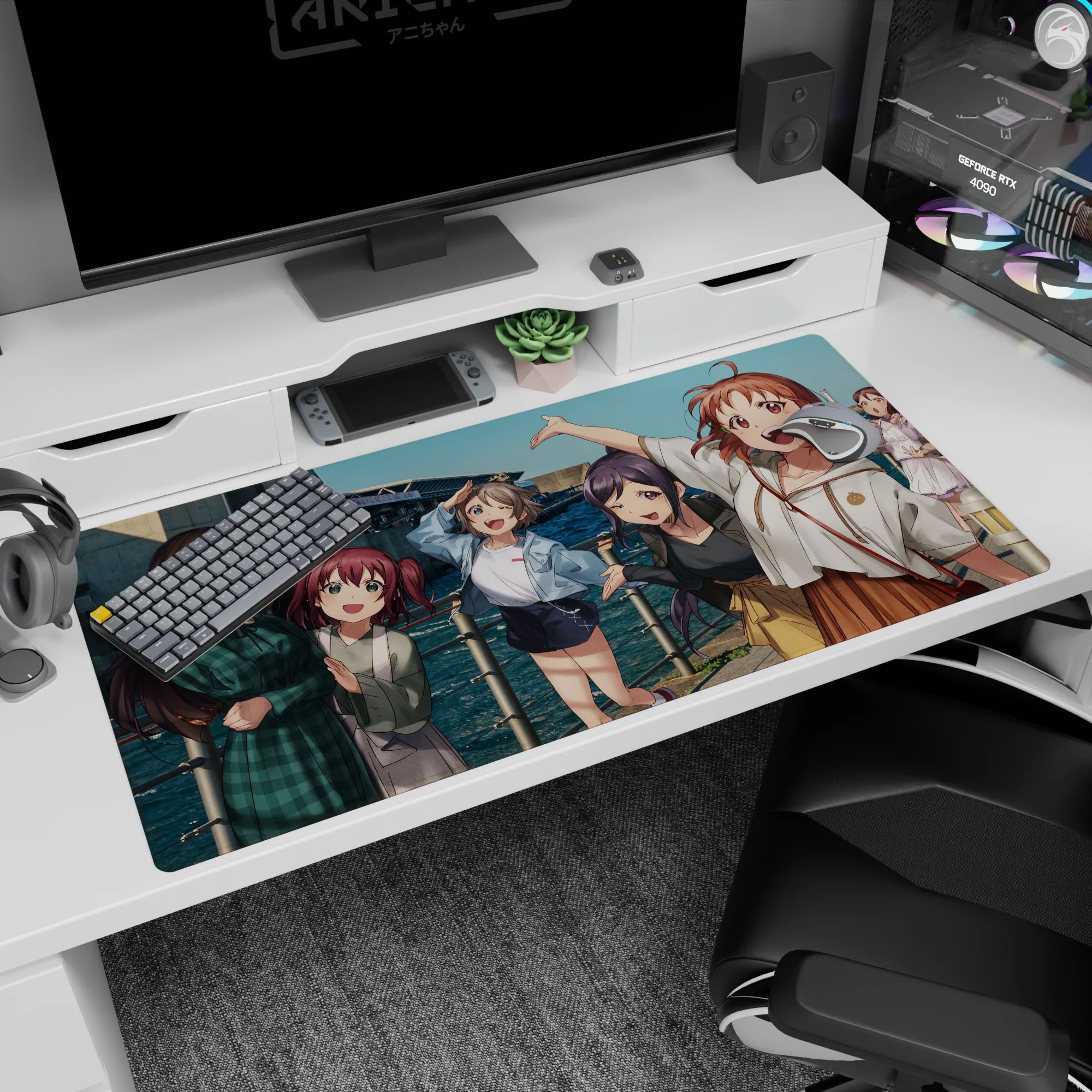 Winking anime girl waving on a seaside deck, friends crowding in, desk pad 40x20 inches.