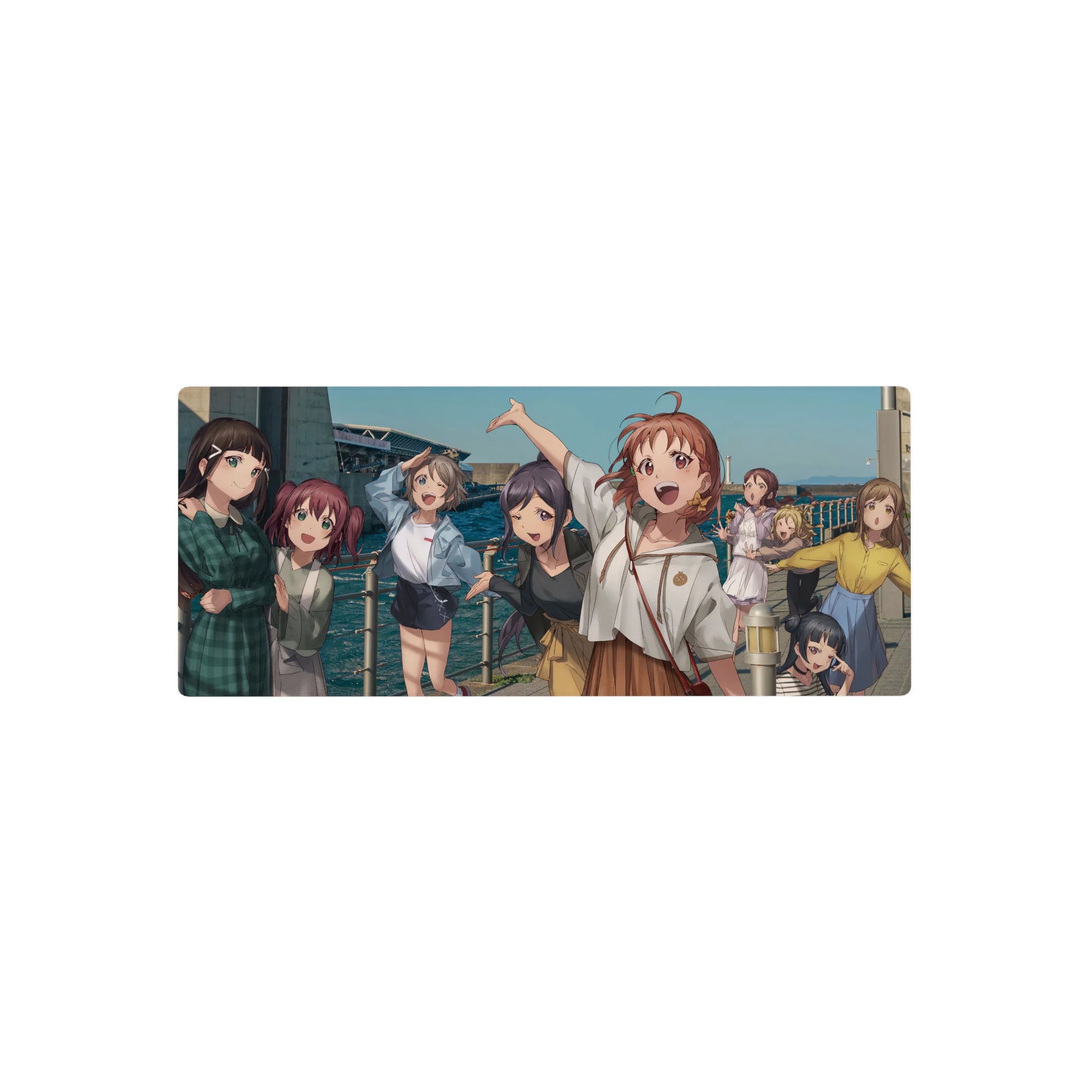Anime girl mouse pad 28x12 inches with five smiling seaside girls in plaid, cardigan, denim, and skirt.