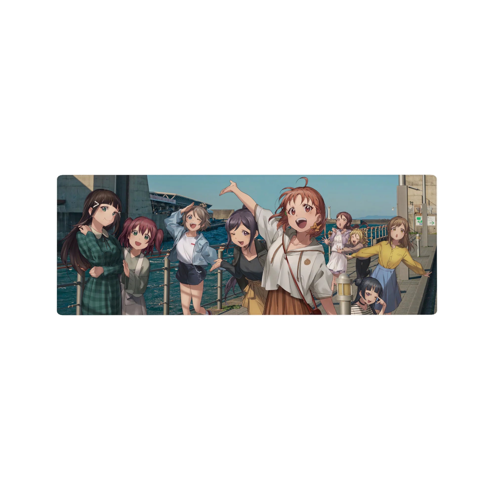 Anime girl mouse pad 32x12 inches with five smiling seaside friends, plaid and cardigans by railings.