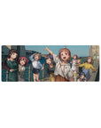 Anime girl mouse pad 32x12 inches with five smiling seaside friends, plaid and cardigans by railings.