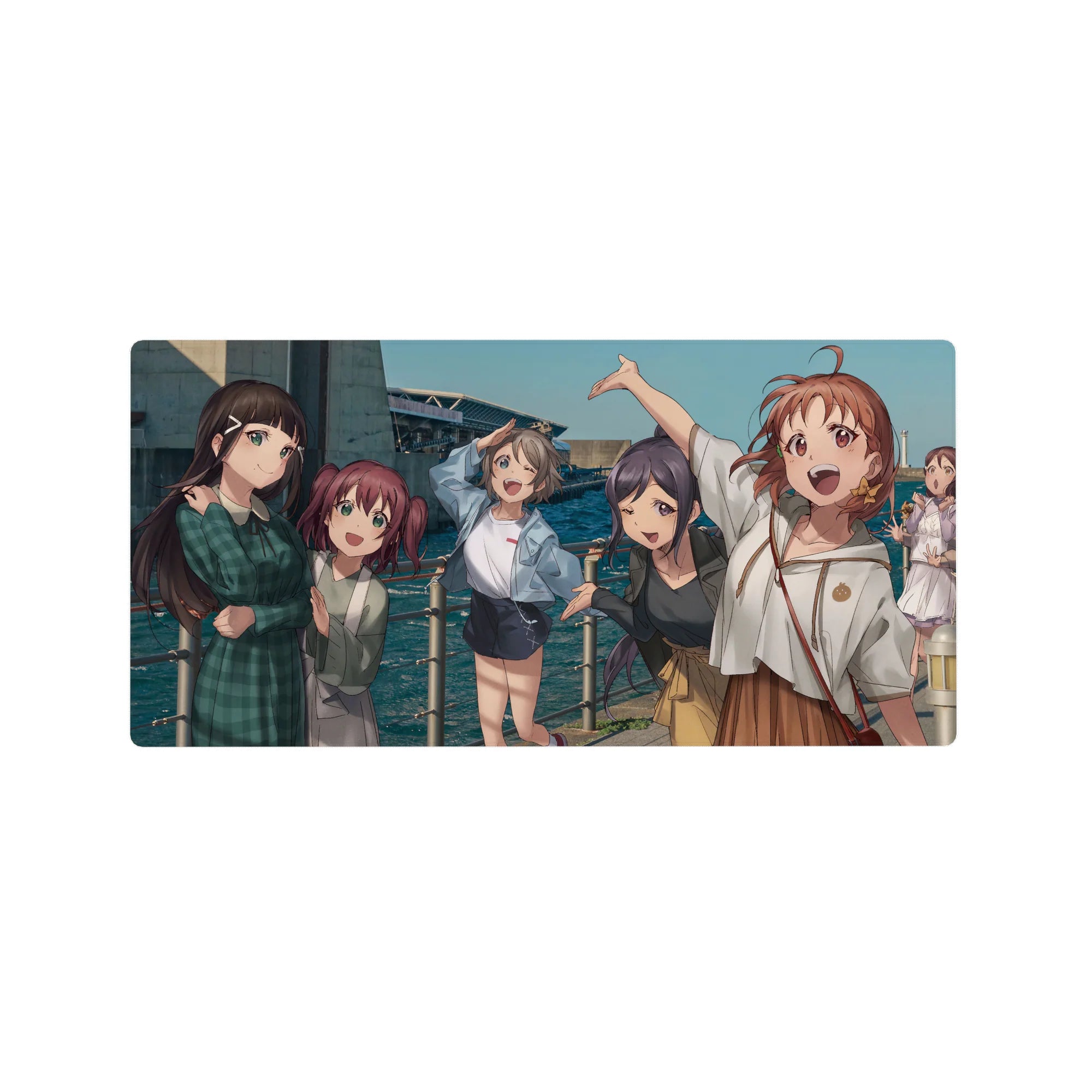 Anime girl mouse pad 32x16 inches with five smiling seaside friends on a sunny deck, cute weekend snapshot vibe.
