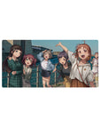 Anime girl mouse pad 32x16 inches with five smiling seaside friends on a sunny deck, cute weekend snapshot vibe.