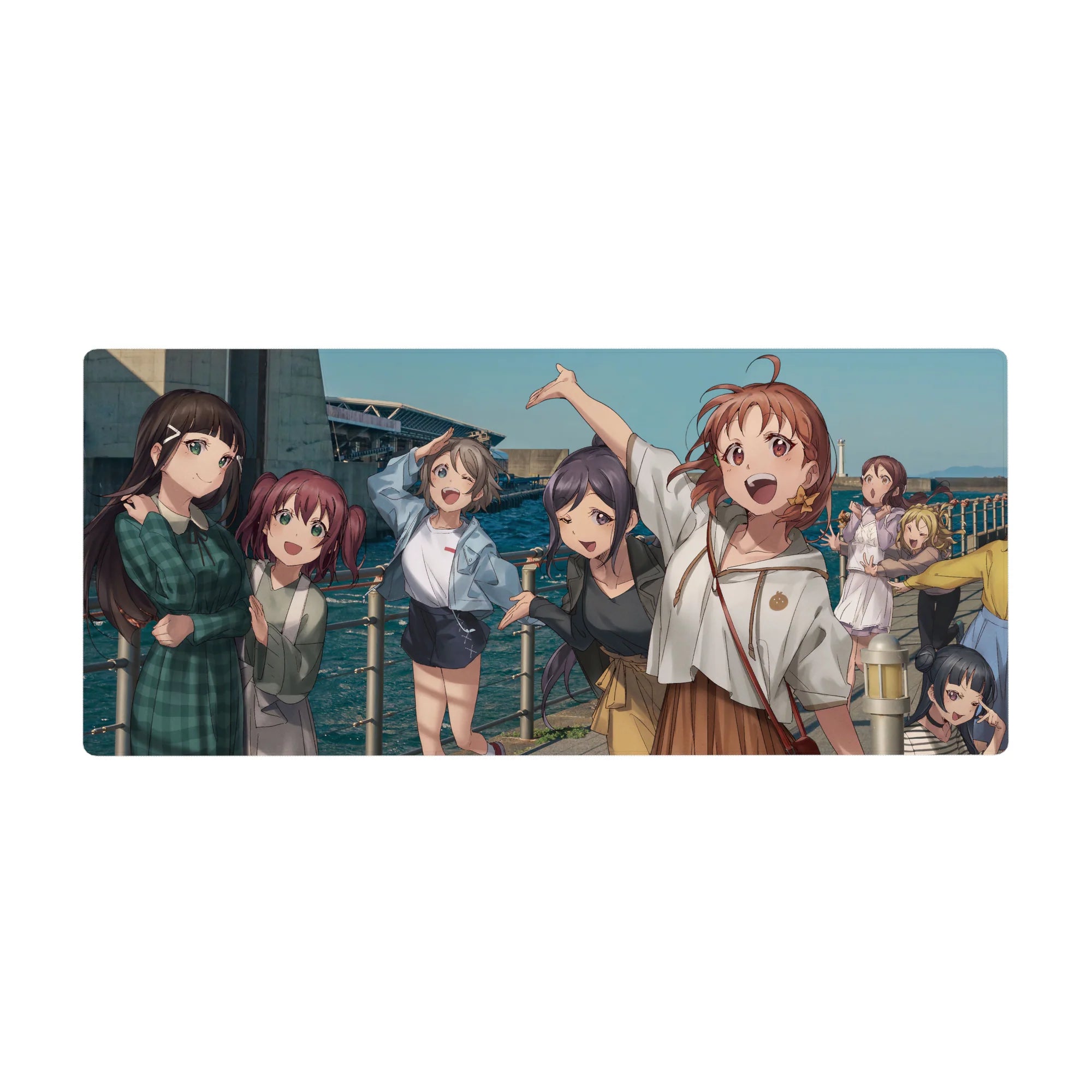 Anime girl desk pad 36x16 inches with five smiling seaside friends on a sunny boardwalk snapshot.
