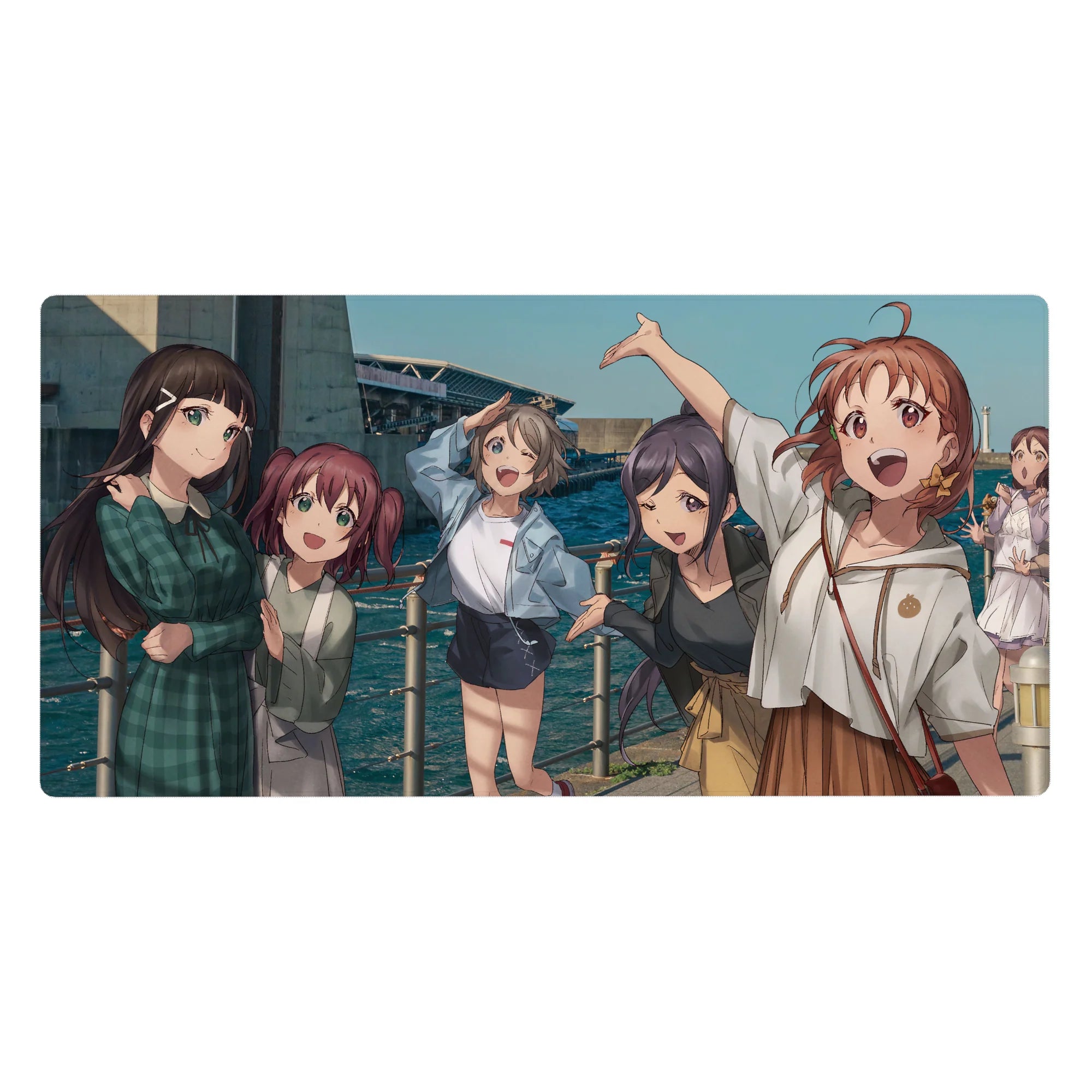 Anime girl desk pad 40x20 inches with five smiling seaside friends, playful poses, plaid and denim outfits.