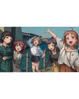 Anime girl desk pad 40x20 inches with five smiling seaside friends, playful poses, plaid and denim outfits.