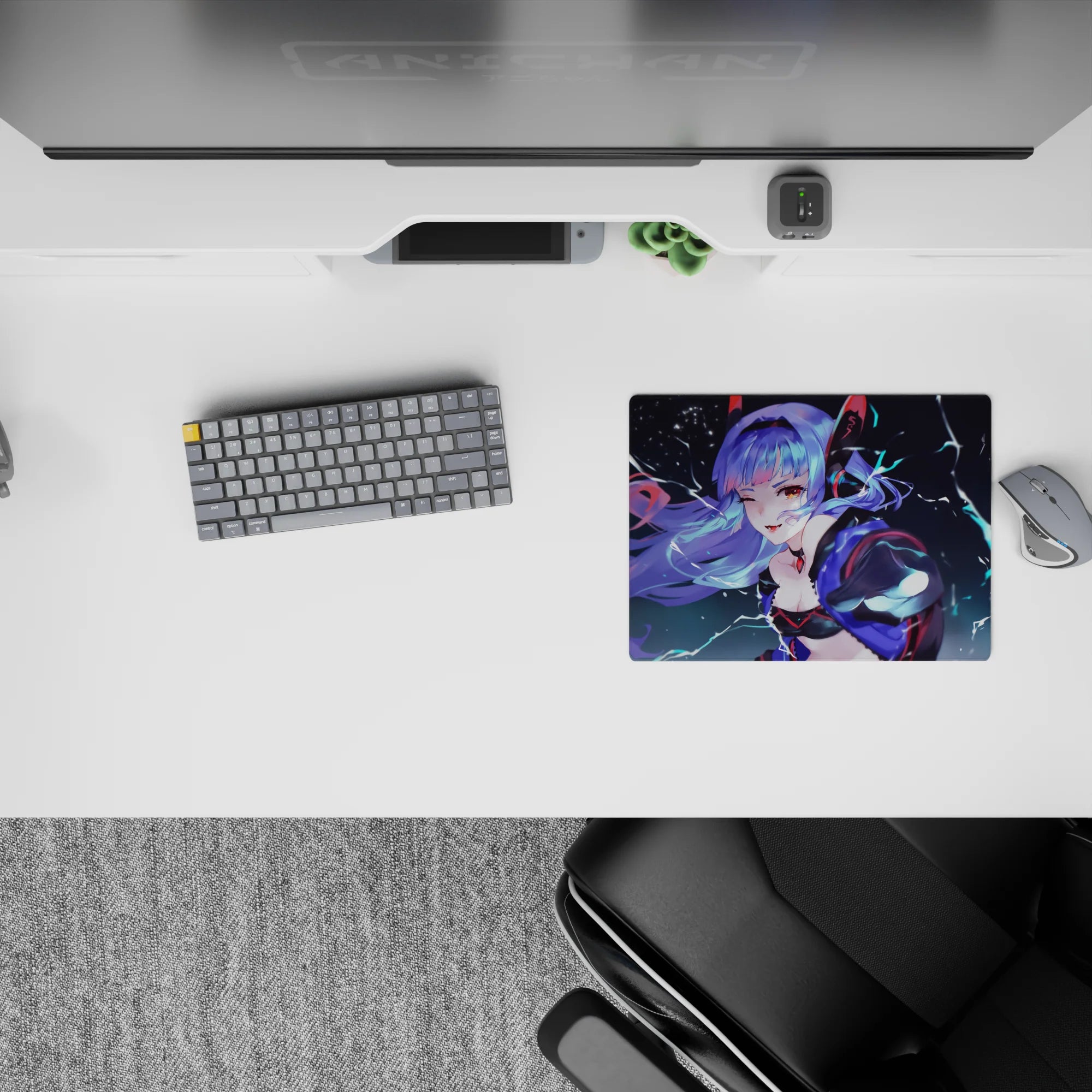 Midnight blue anime mouse pad 14x10 inches in electric lavender tones with spark streak highlights.