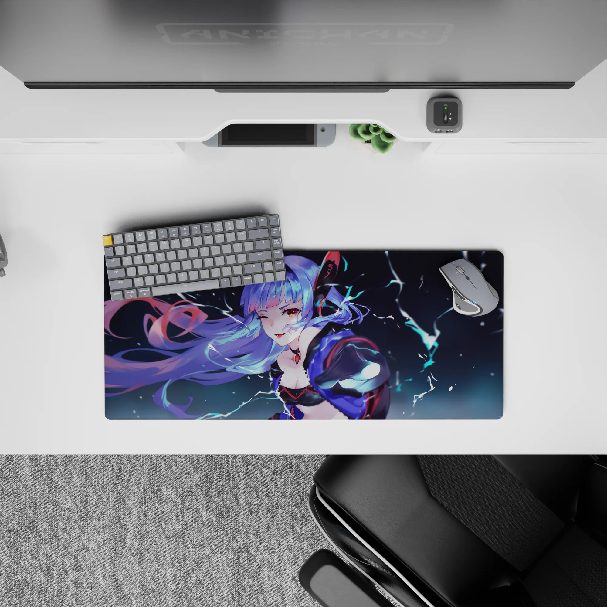 Electric midnight anime mouse pad 28x12 inches in dreamy blues, red accents, and spark-like highlights.