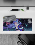 Electric midnight anime mouse pad 28x12 inches in dreamy blues, red accents, and spark-like highlights.
