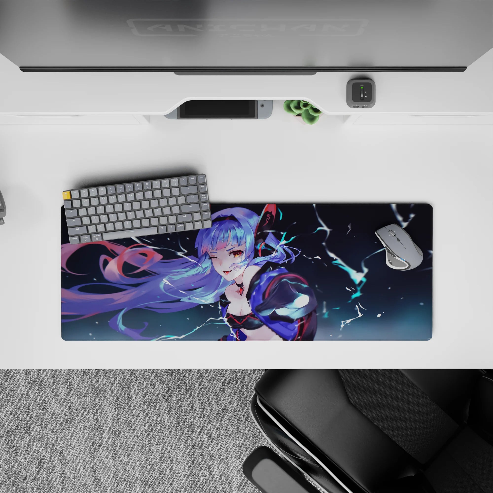 32x12 inches desk mouse pad in electric midnight blues with neon sparks, dreamy highlights, and a winking vibe.