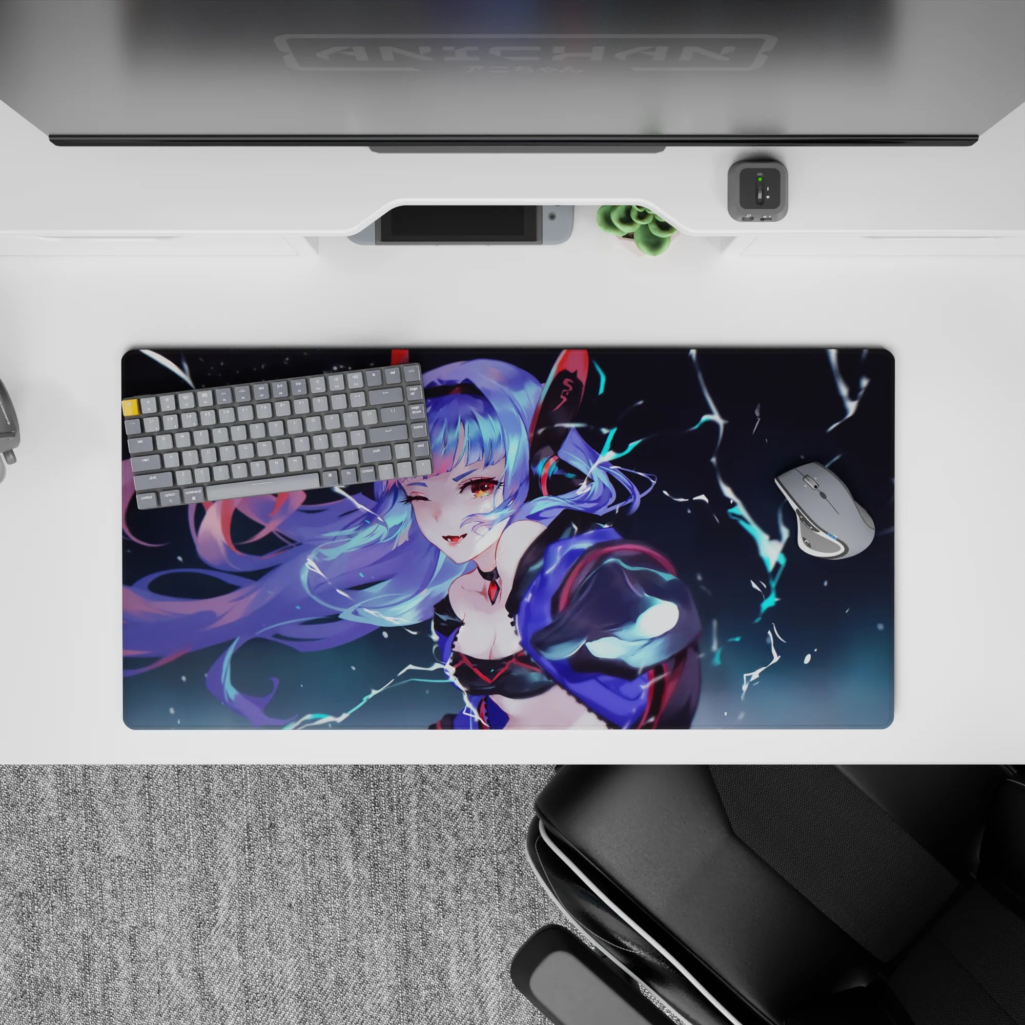 32x16 inches anime mouse pad in electric midnight blues and purples, spark streaks, sleek neon vibe.