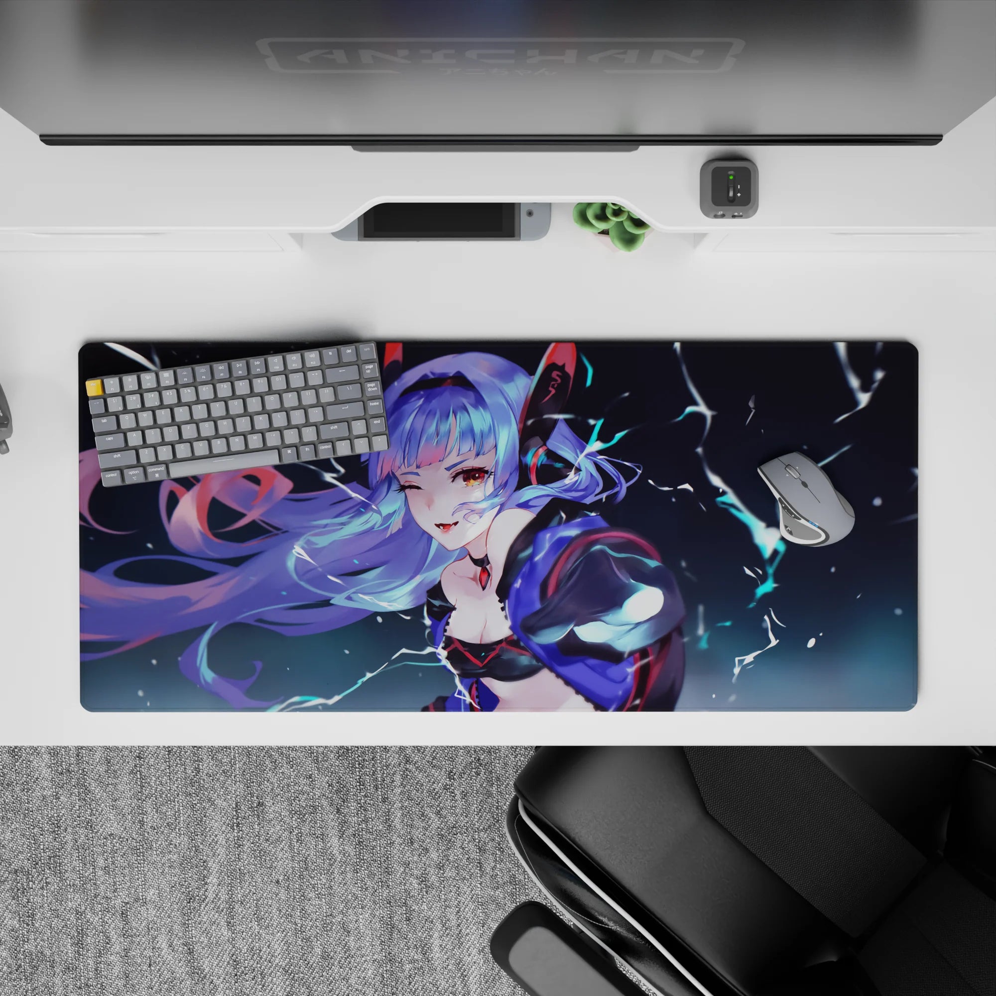 Midnight blue and neon lightning anime desk pad 36x16 inches, lavender hair, electric cyber mood.