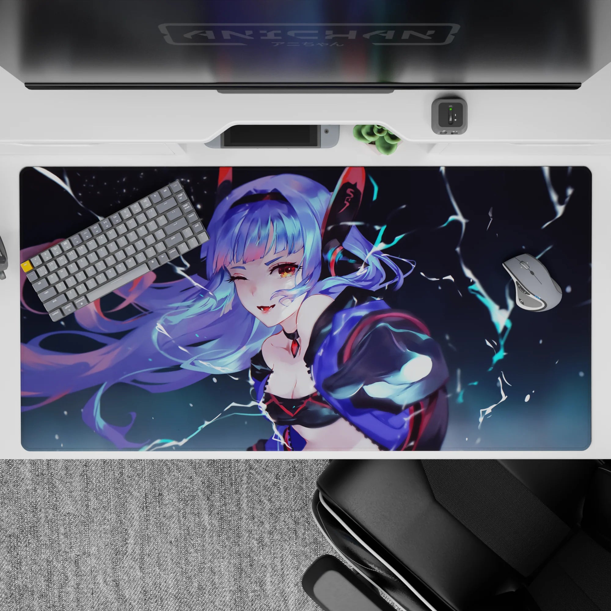 40x20 inches desk pad in electric midnight blues, lavender tones, and spark streaks for a fast vibe.