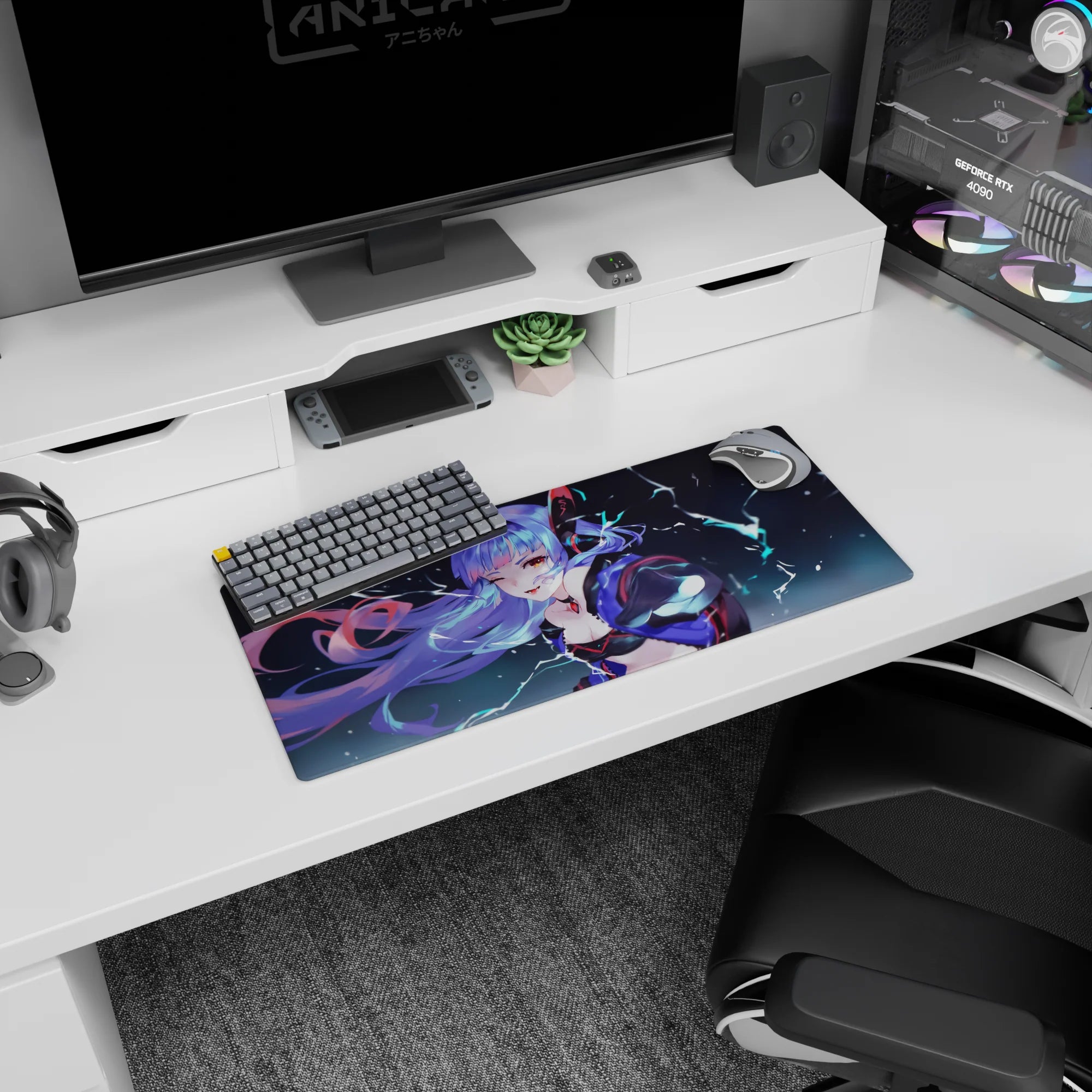 Winking lavender-haired anime girl in black outfit and choker under stormy lightning on 28x12 inches mouse pad.