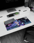 Winking lavender-haired anime girl in black outfit and choker under stormy lightning on 28x12 inches mouse pad.