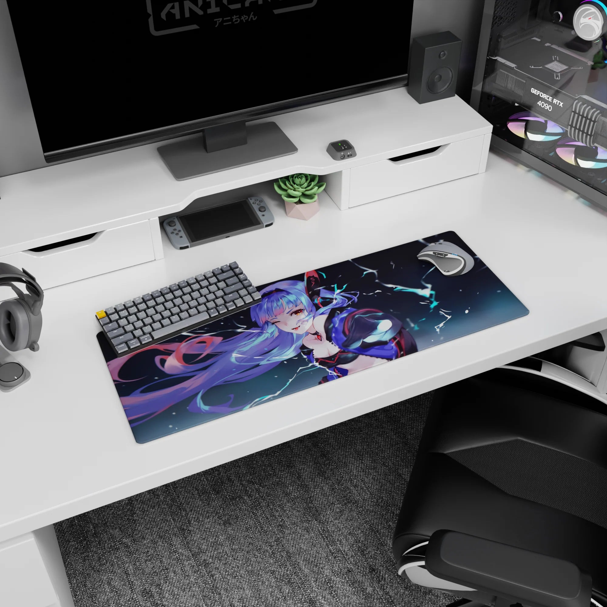 32x12 inches extended mouse pad featuring a lavender-haired anime girl winking under storm lightning, choker gem.