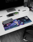 32x12 inches extended mouse pad featuring a lavender-haired anime girl winking under storm lightning, choker gem.