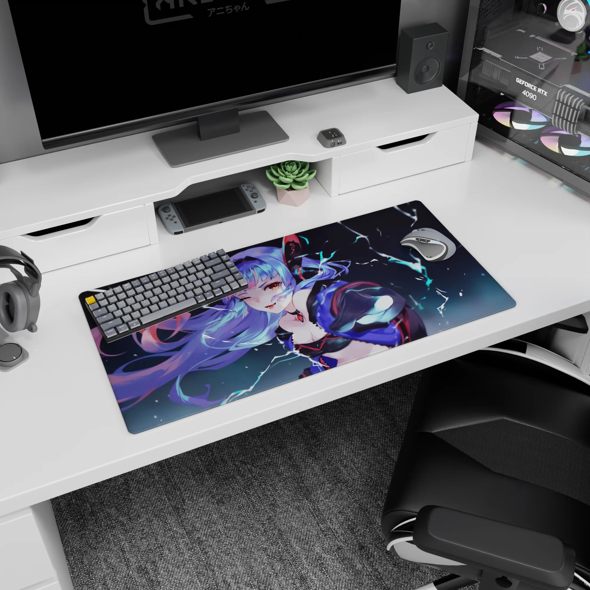 32x16 inches desk mat showing lavender-haired anime girl winking under lightning, jacket off shoulder and choker gem.