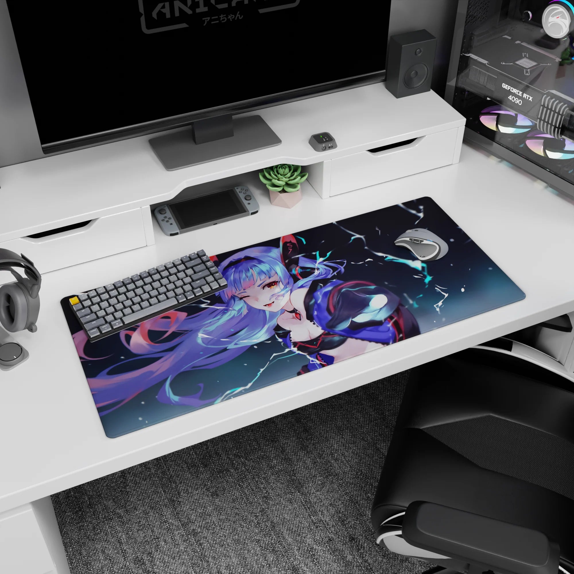 Winking lavender-haired anime girl under lightning on desk pad 36x16 inches, choker gem and jacket.