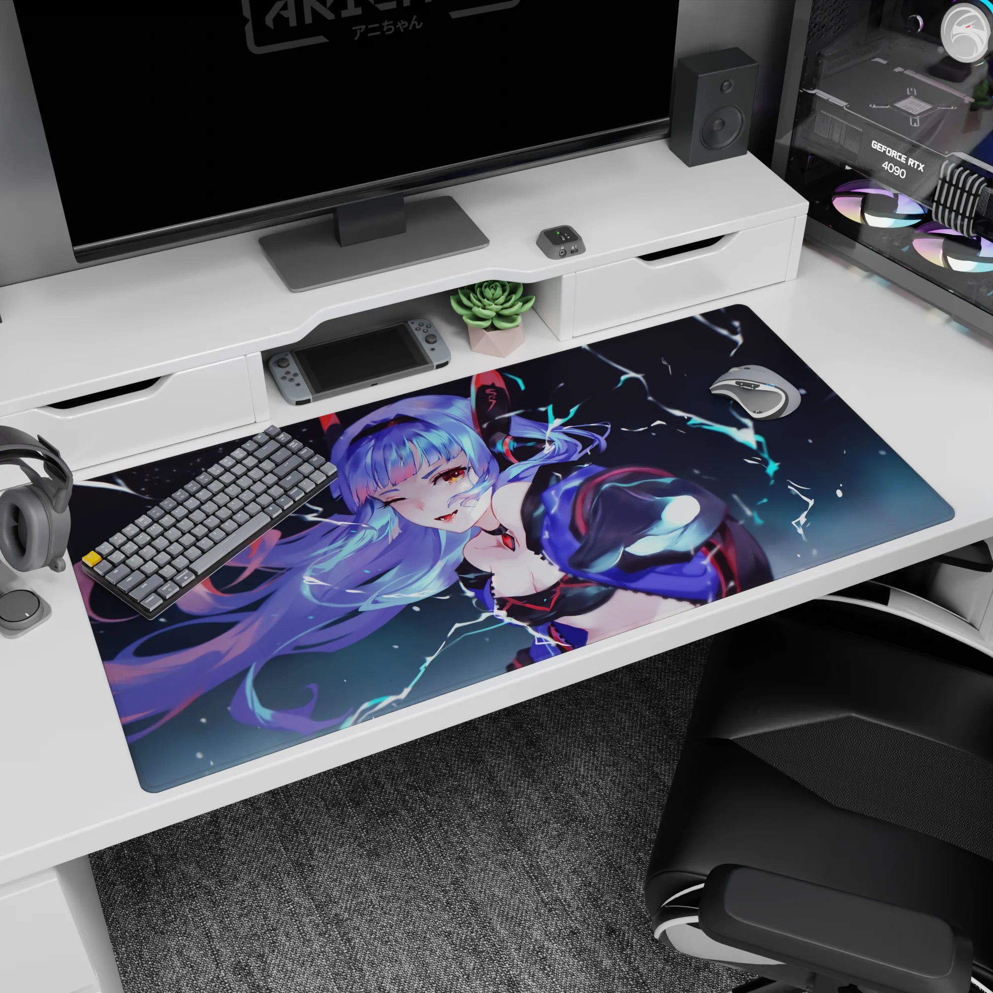 40x20 inches anime desk pad showing a winking lavender-haired girl under lightning, jacket off shoulder.