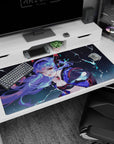 40x20 inches anime desk pad showing a winking lavender-haired girl under lightning, jacket off shoulder.