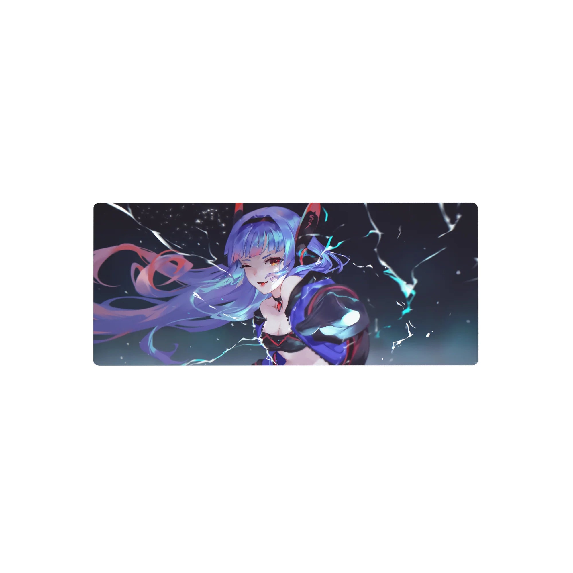 Anime girl mouse pad 28x12 inches with winking lavender-haired heroine and lightning night background.