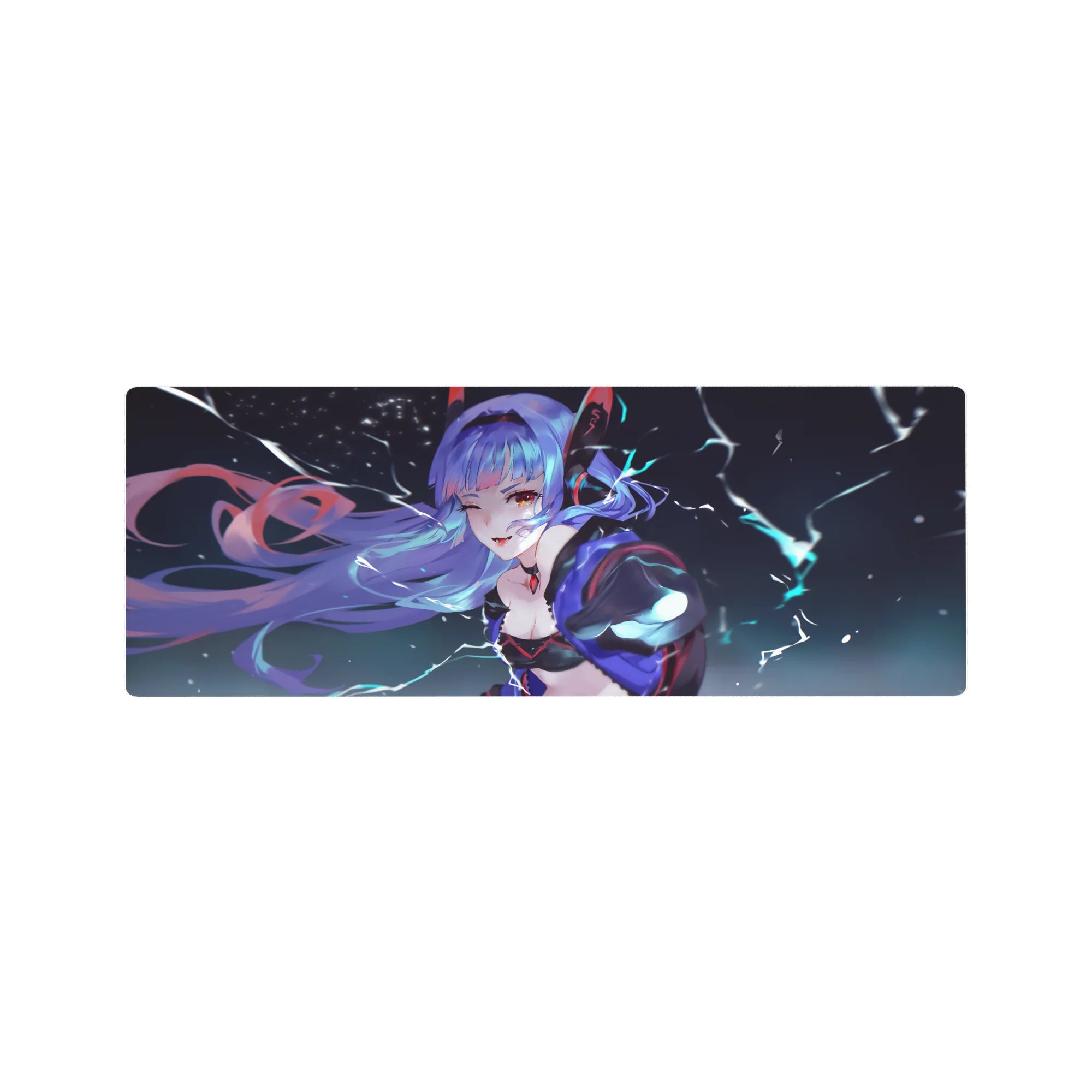32x12 inches anime girl mouse pad with lightning sky, lavender hair, black outfit and red accents.