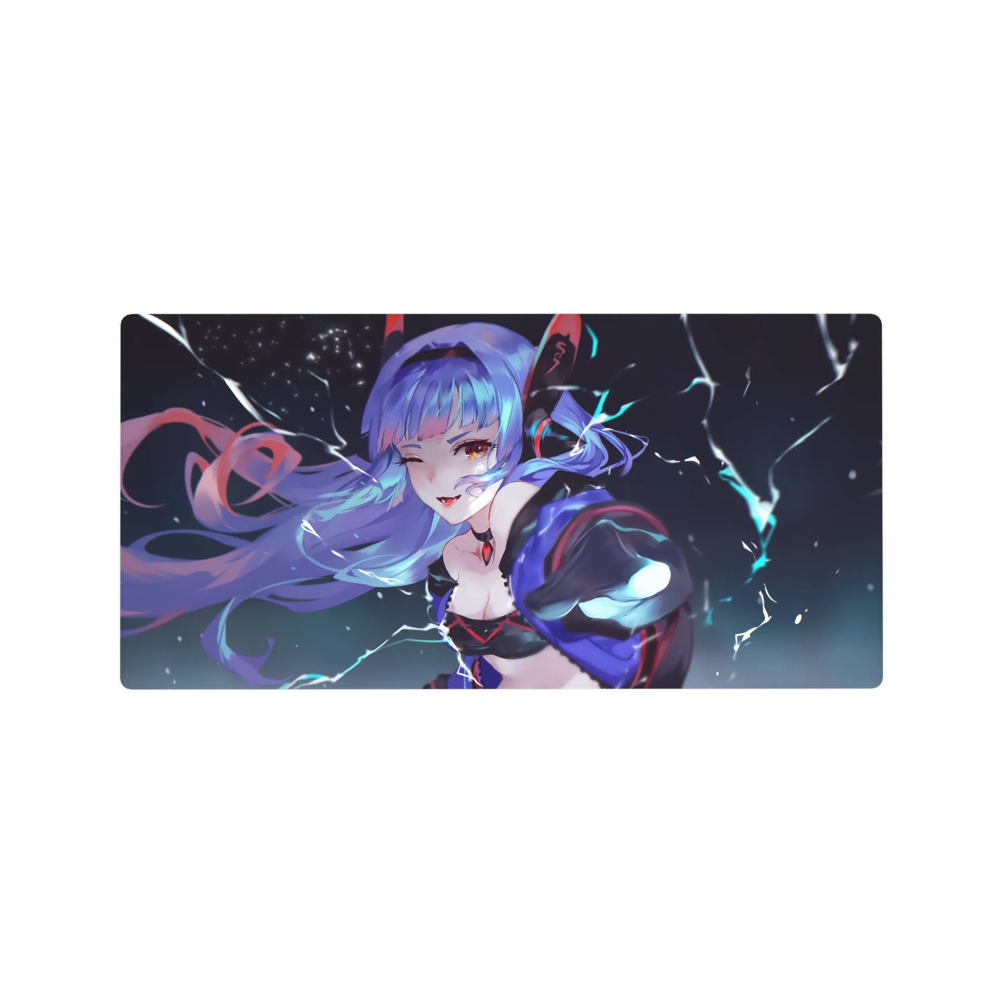 32x16 inches anime girl mouse pad with winking lavender-haired girl, lightning sky, black outfit with red accents.