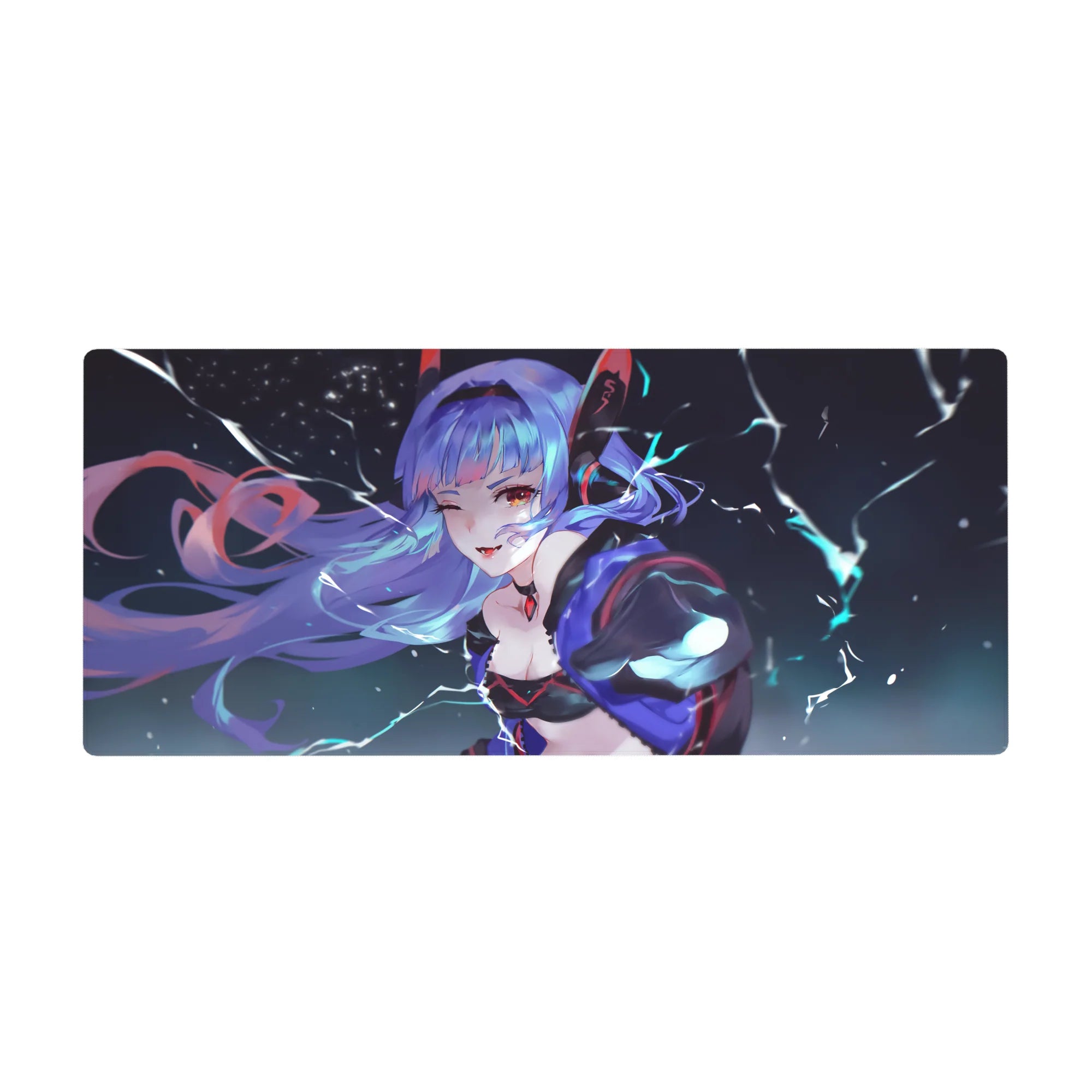 Anime girl desk pad 36x16 inches with lightning backdrop, winking pose, black outfit with red accents.