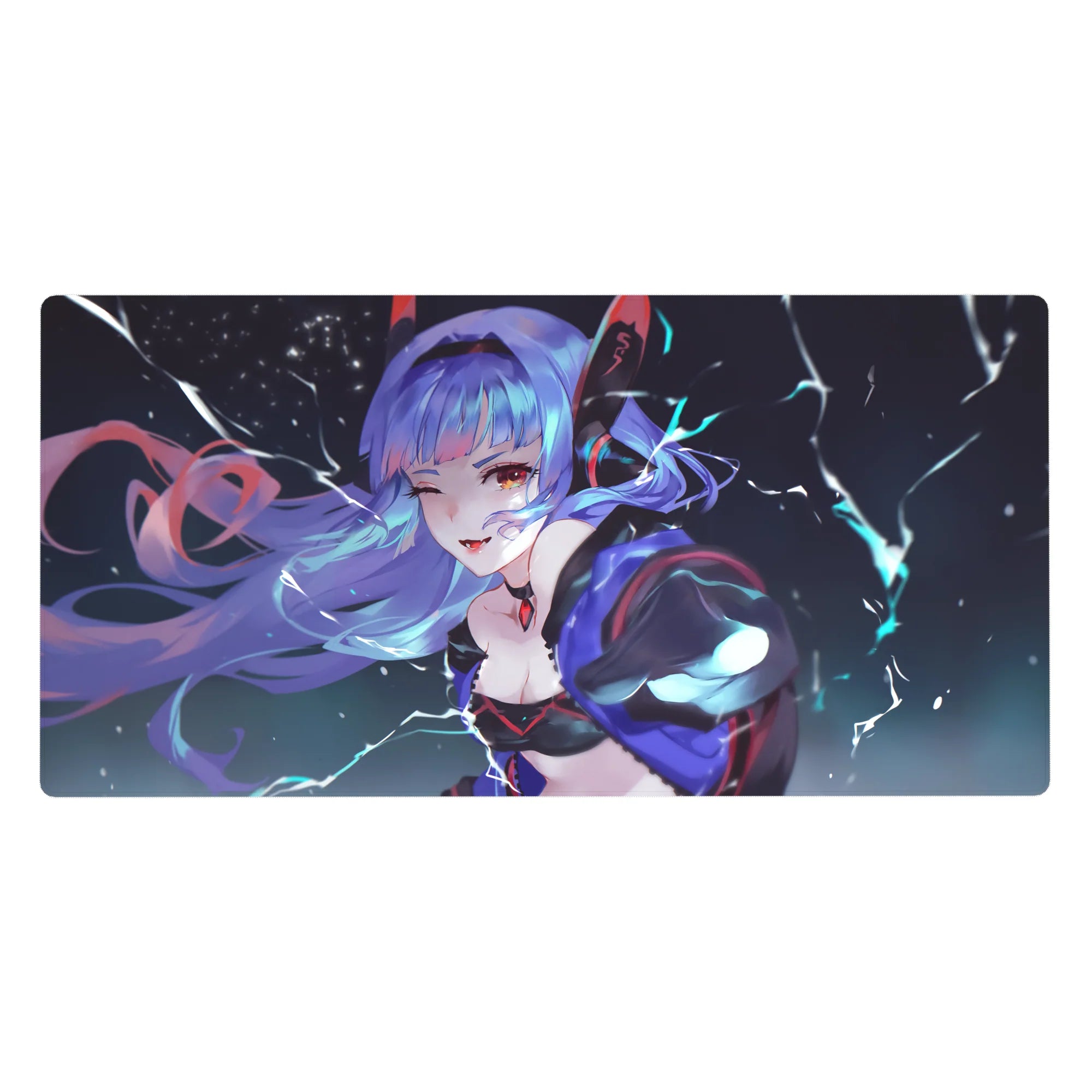 40x20 inches anime girl desk pad with lightning sky, lavender hair, wink, black outfit with red accents.
