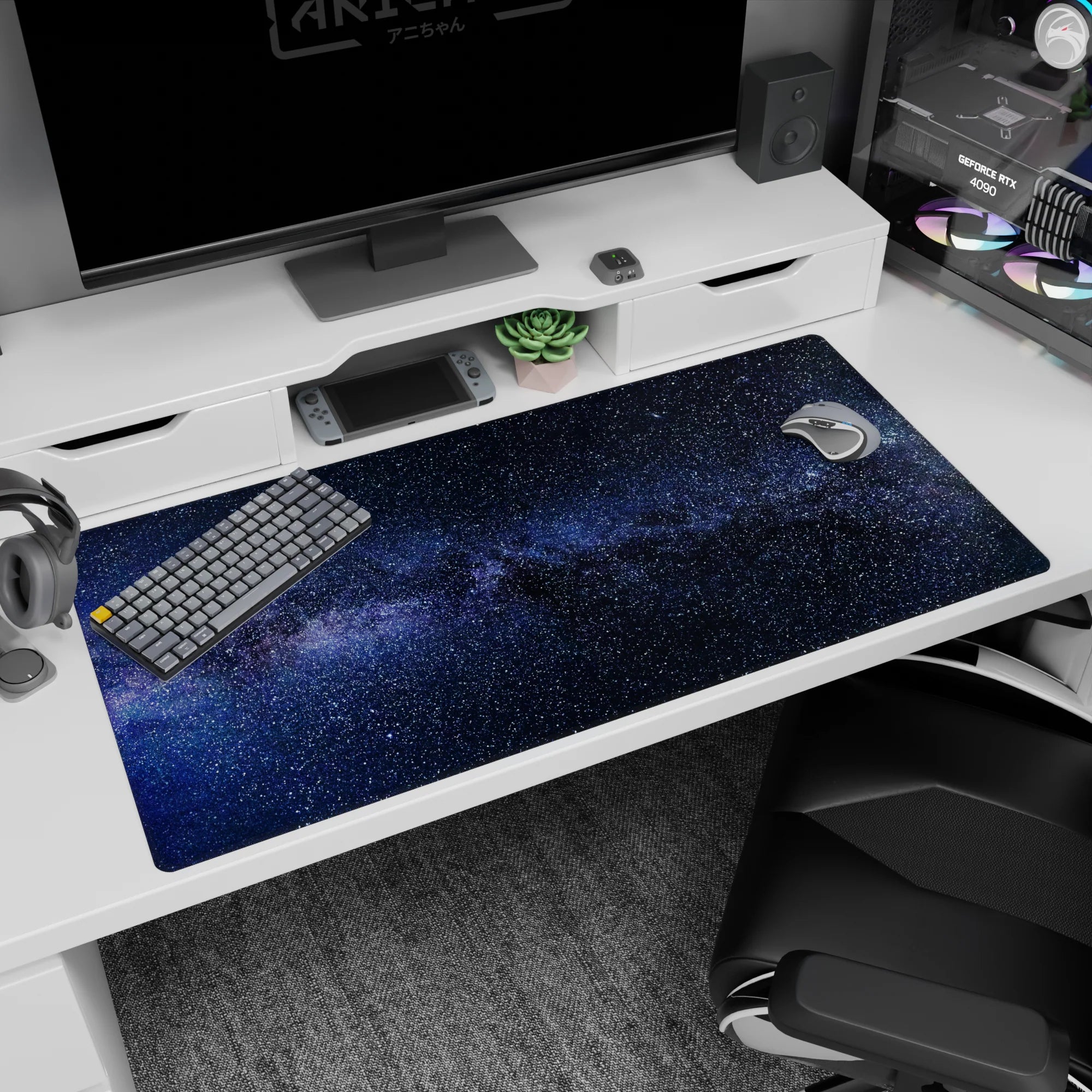 Starry night galaxy scene desk pad 40x20 inches featuring a soft Milky Way band drifting through.