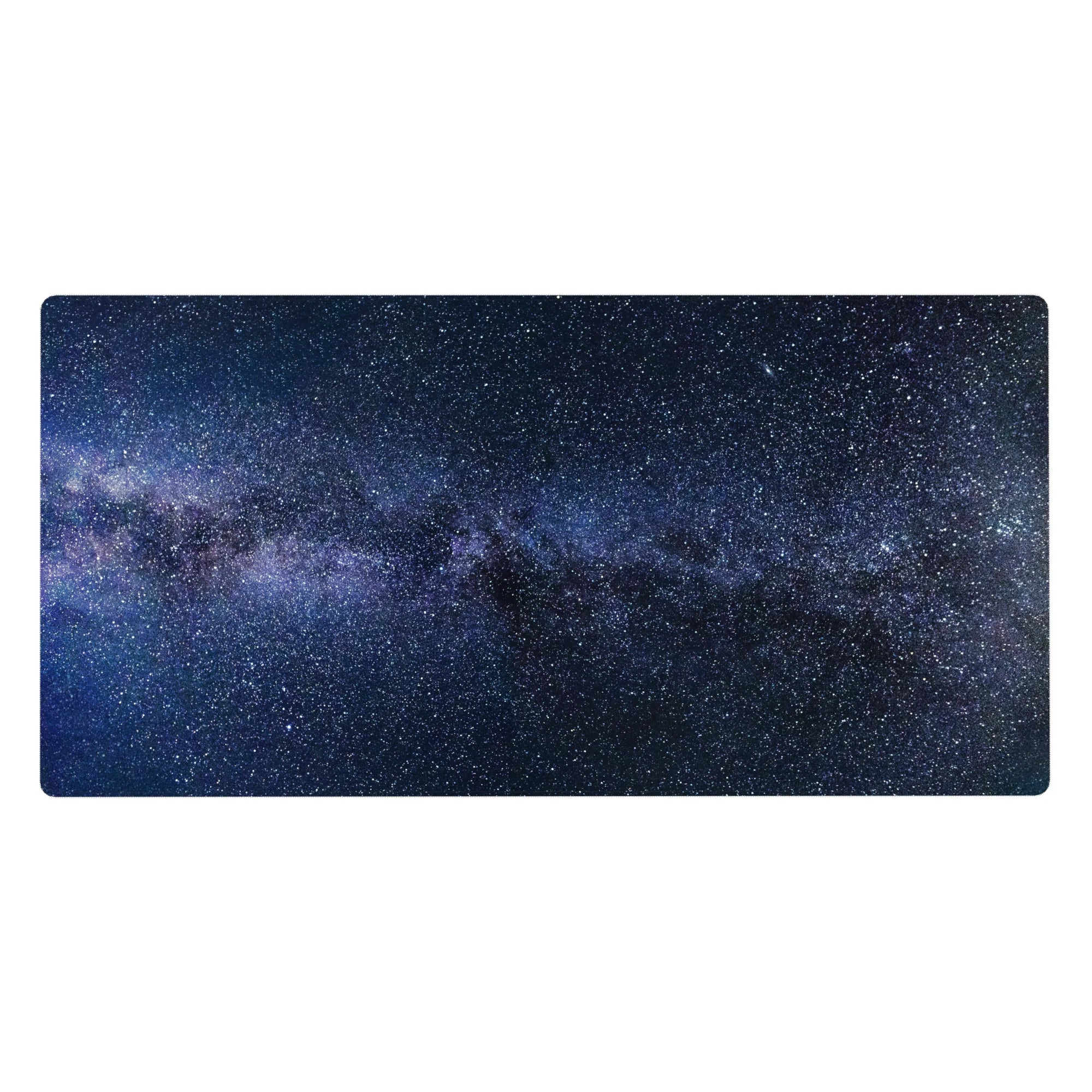 Midnight sky starfield desk pad 40x20 inches with Milky Way ribbon across the center.