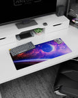 Galaxy themed mouse pad 28x12 inches with violet clouds, blue space, and soft pink haze design for desktop.