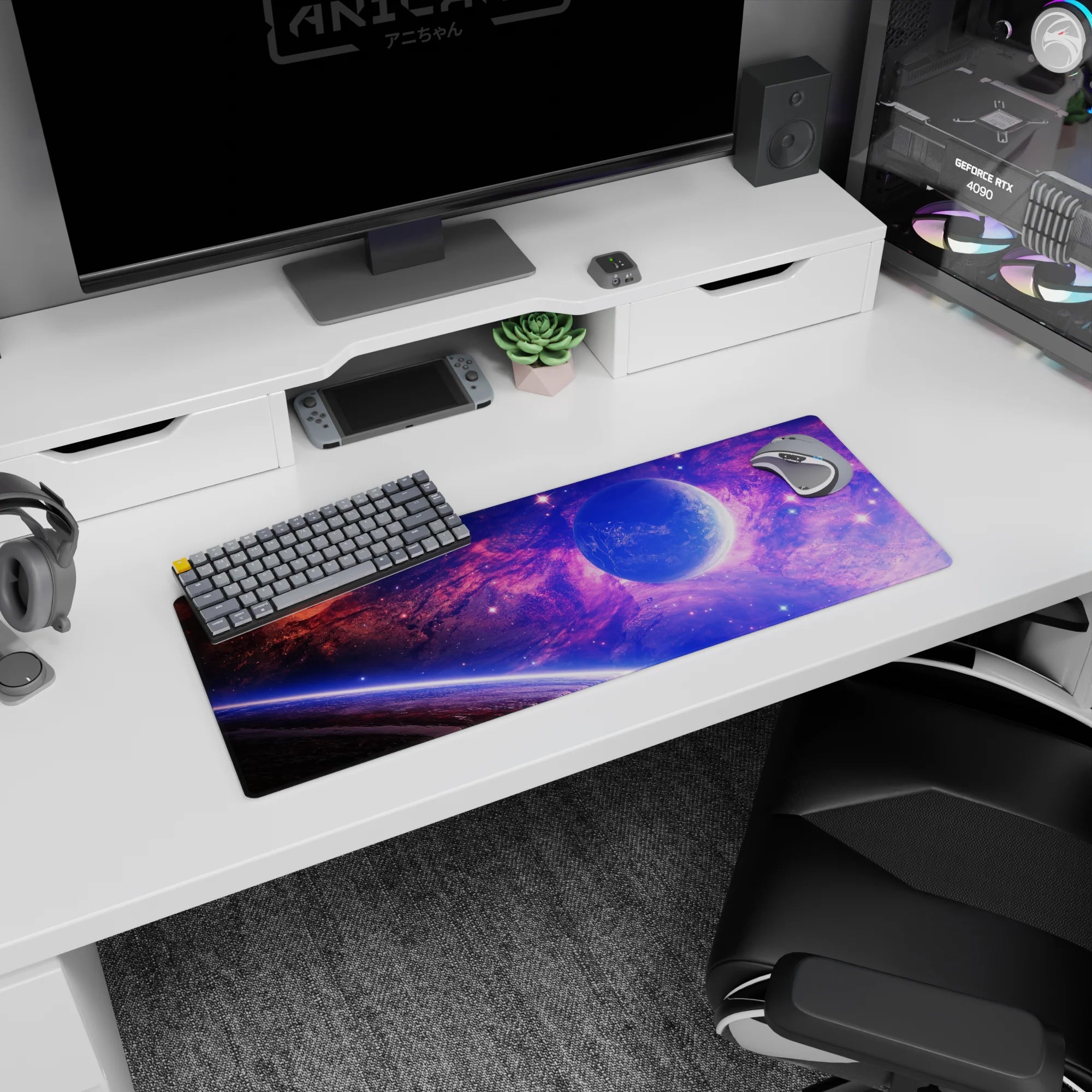 Galaxy-themed extended mouse pad 32x12 inches with violet and blue clouds, stars, and a glowing horizon.