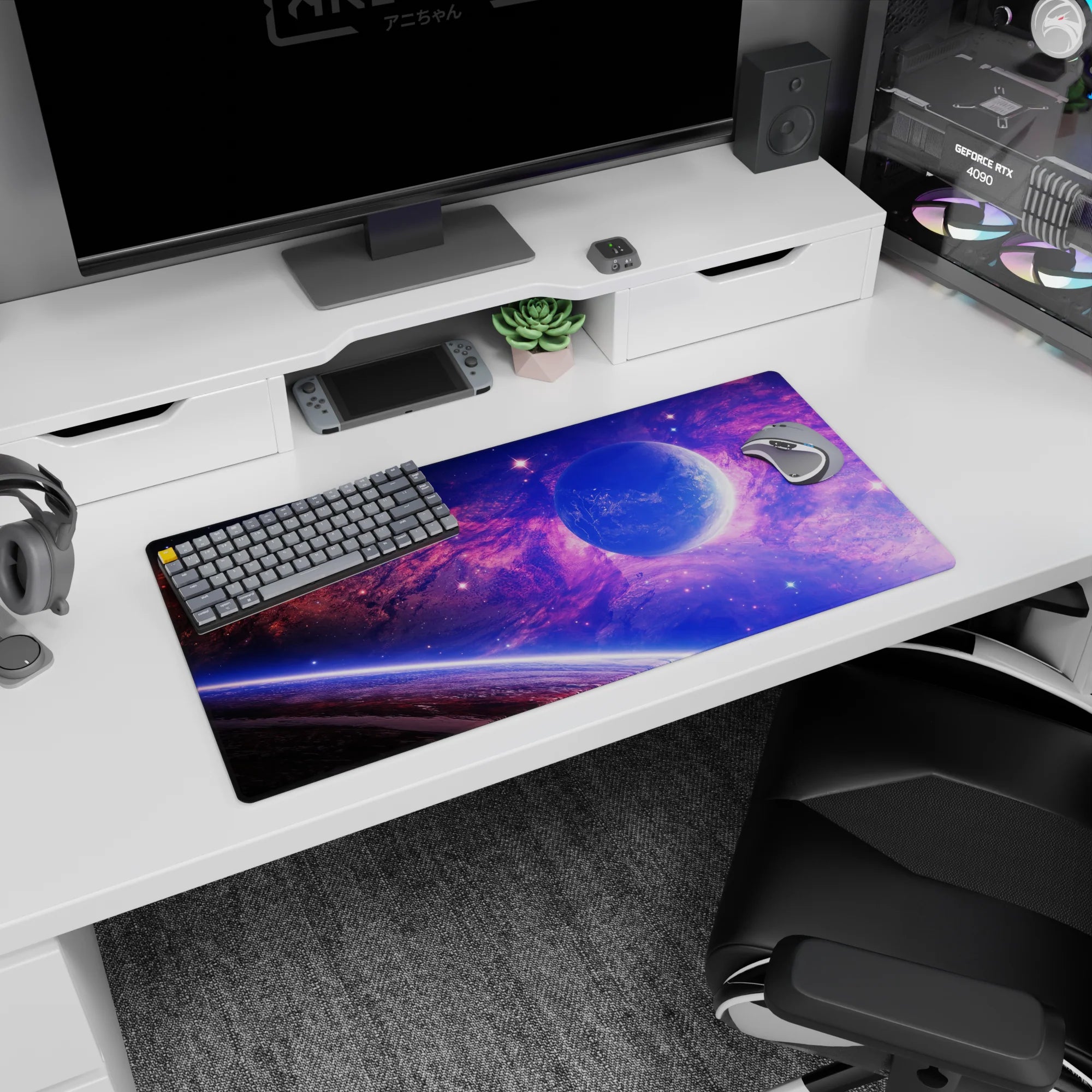Large desk mouse pad 32x16 inches featuring dreamy violet and blue galaxy design with stars and soft pink haze.