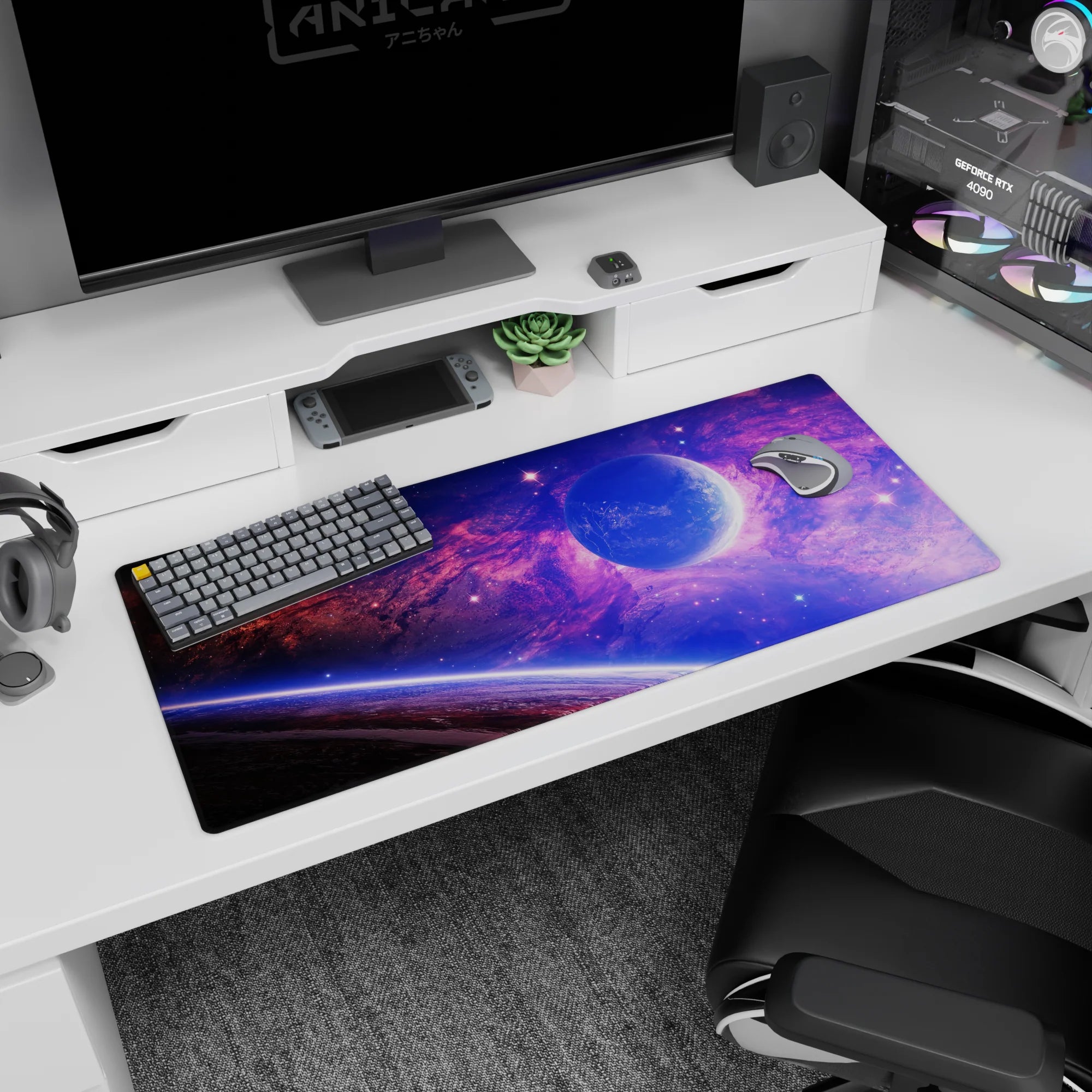 Galaxy themed desk pad 36x16 inches with violet and blue clouds, glowing planet, and soft starry night design.