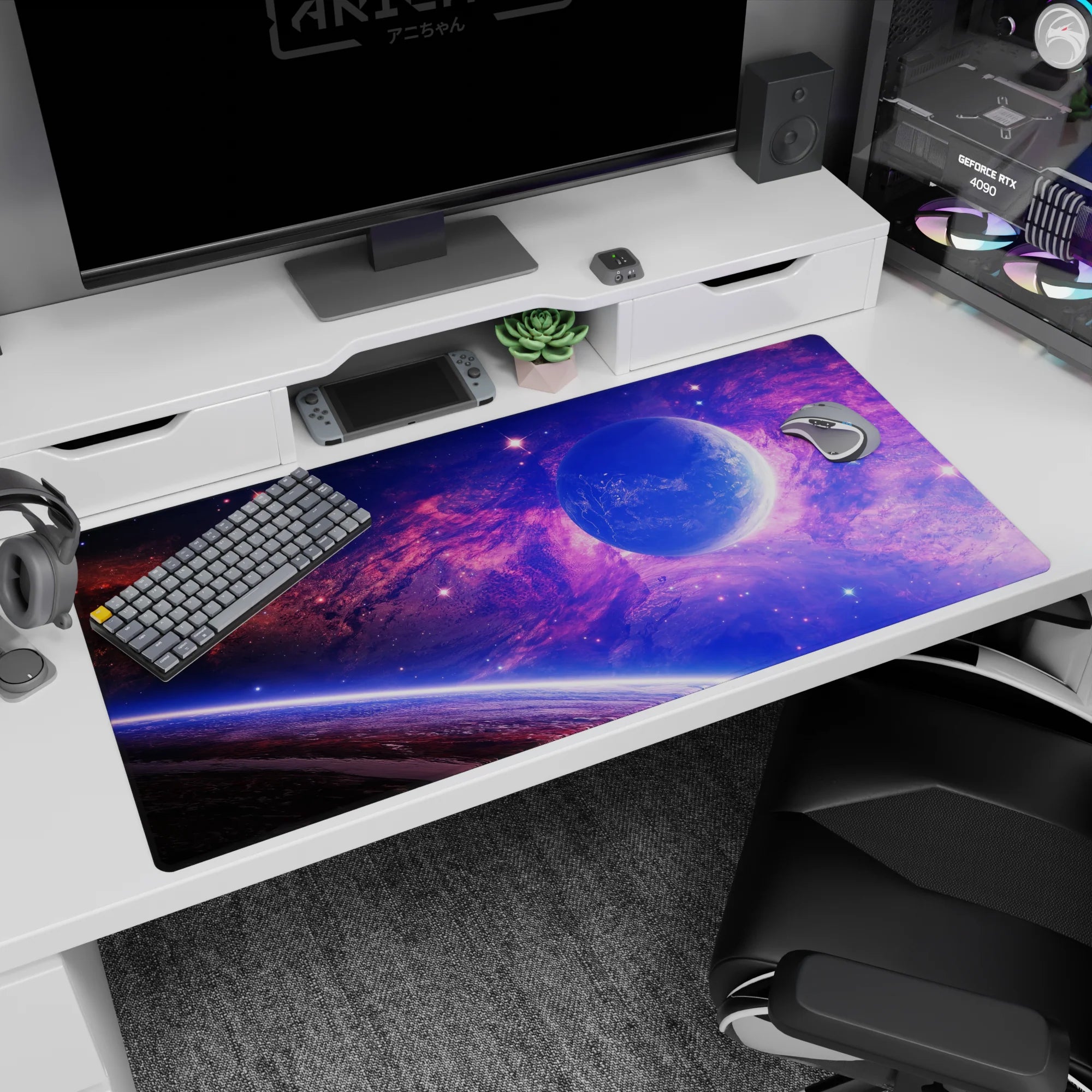 Galaxy themed desk pad with violet and blue clouds, glowing planet, and star details, size 40x20 inches.