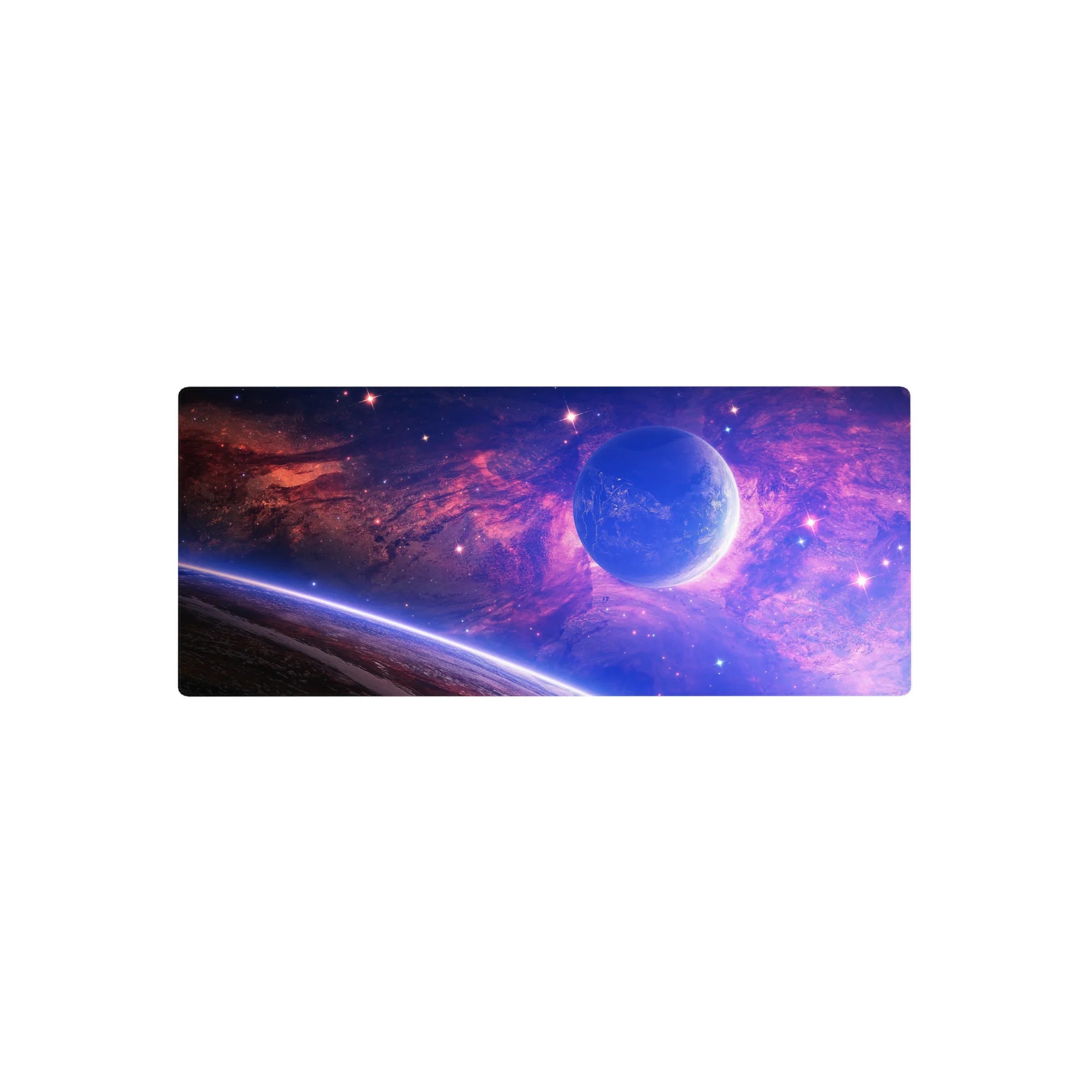 Galaxy themed mouse pad 28x12 inches with purple, blue, and pink clouds blending into starry space scene.