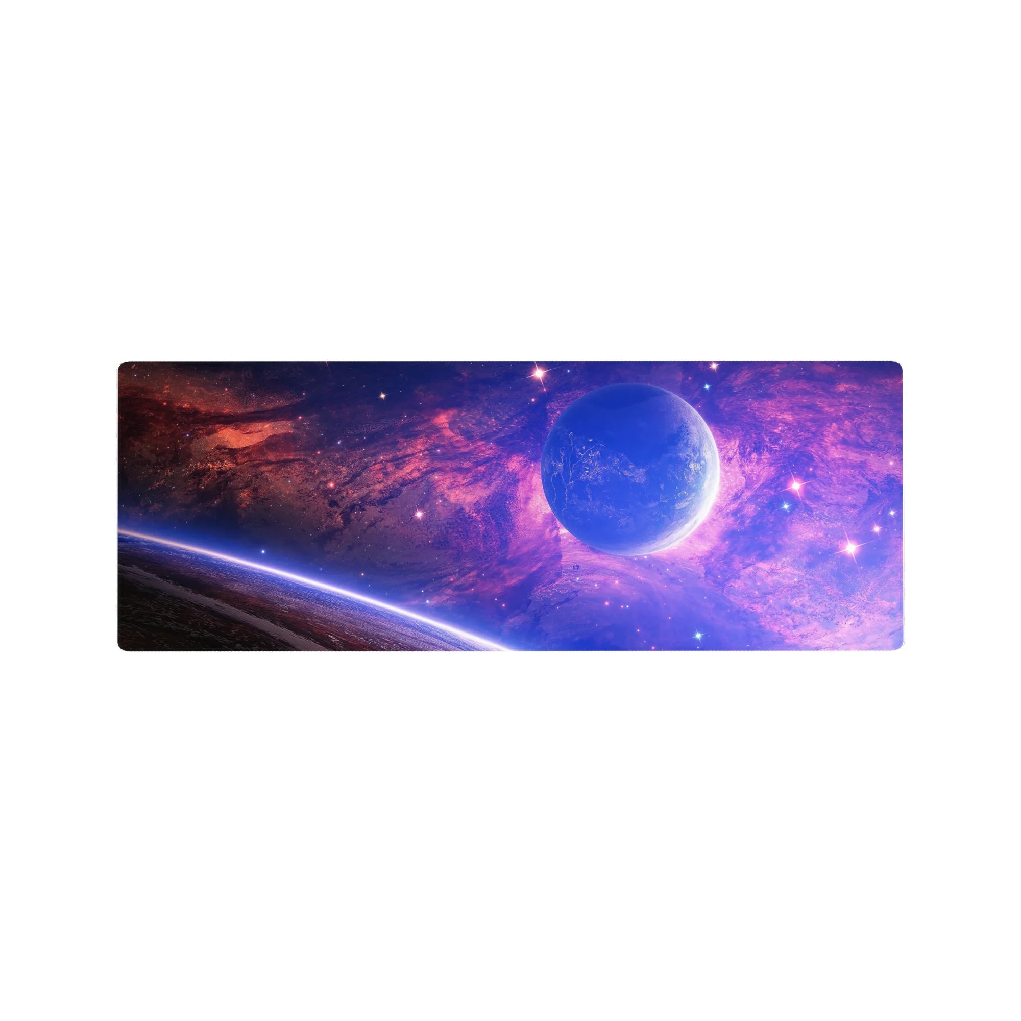 Large 32x12 inch mouse pad with violet and blue galaxy design, featuring stars and a glowing horizon.