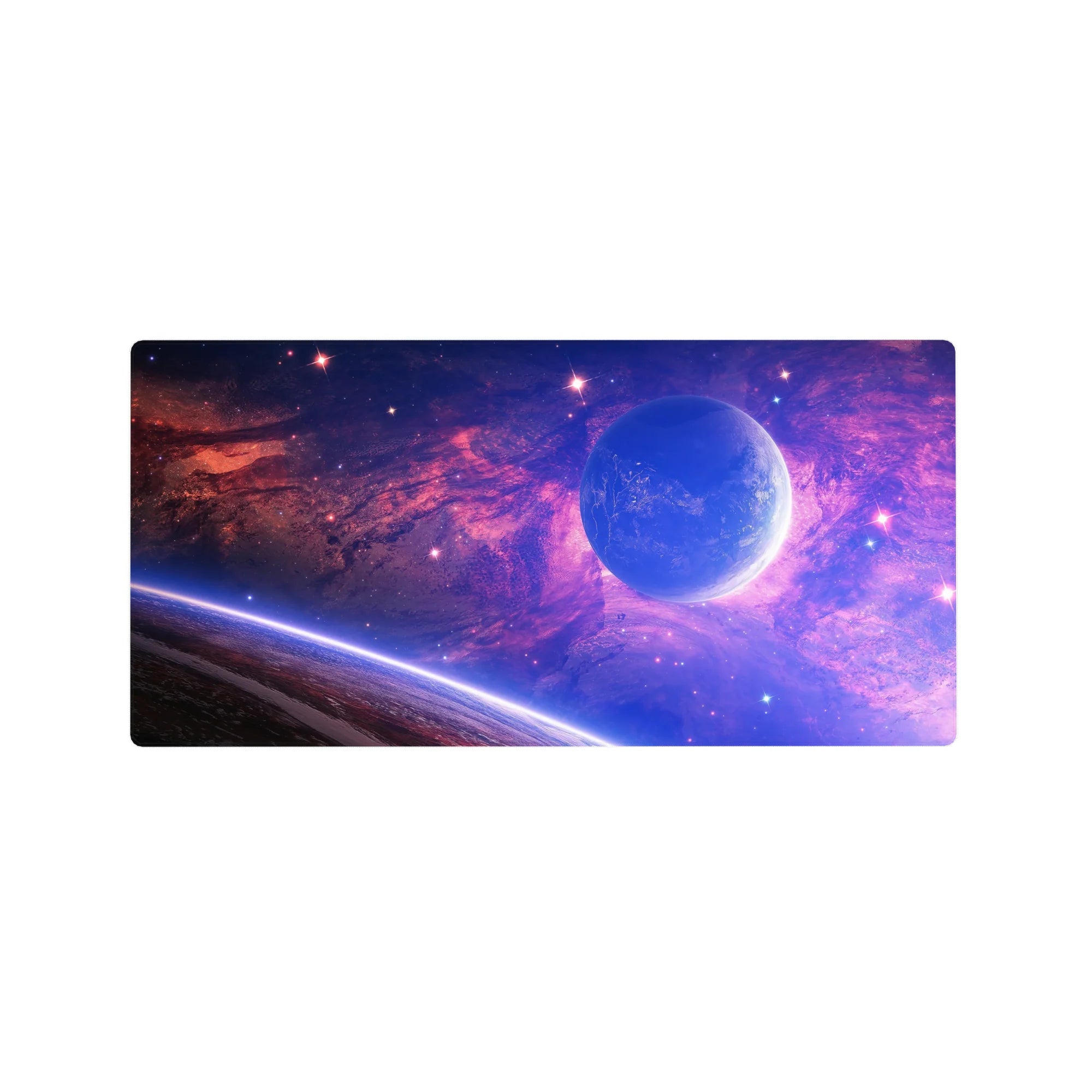 Galaxy themed mouse pad 32x16 inches with violet, blue, and pink hues creating a dreamy cosmic desk look.