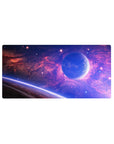 Galaxy themed mouse pad 32x16 inches with violet, blue, and pink hues creating a dreamy cosmic desk look.