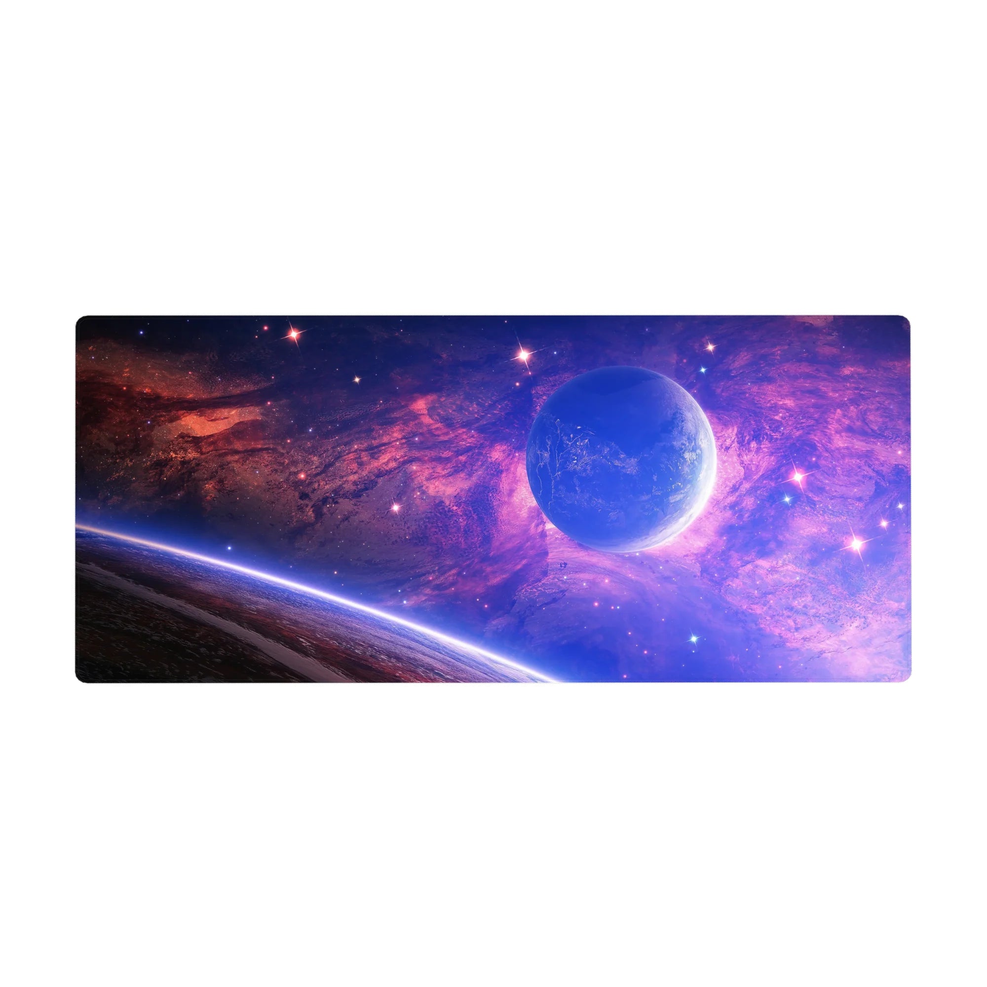 Galaxy themed desk pad 36x16 inches with violet clouds, blue space, glowing horizon, and soothing cosmic design.