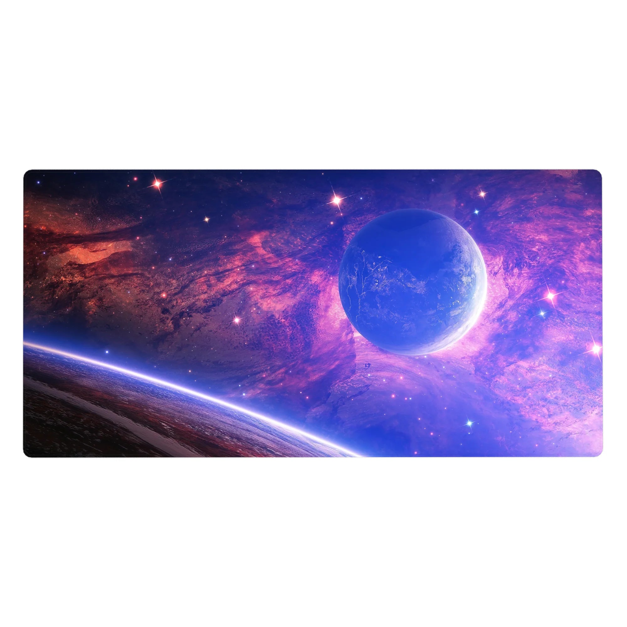 Galaxy themed desk pad 40x20 inches with purple and blue tones, featuring stars and a glowing horizon.