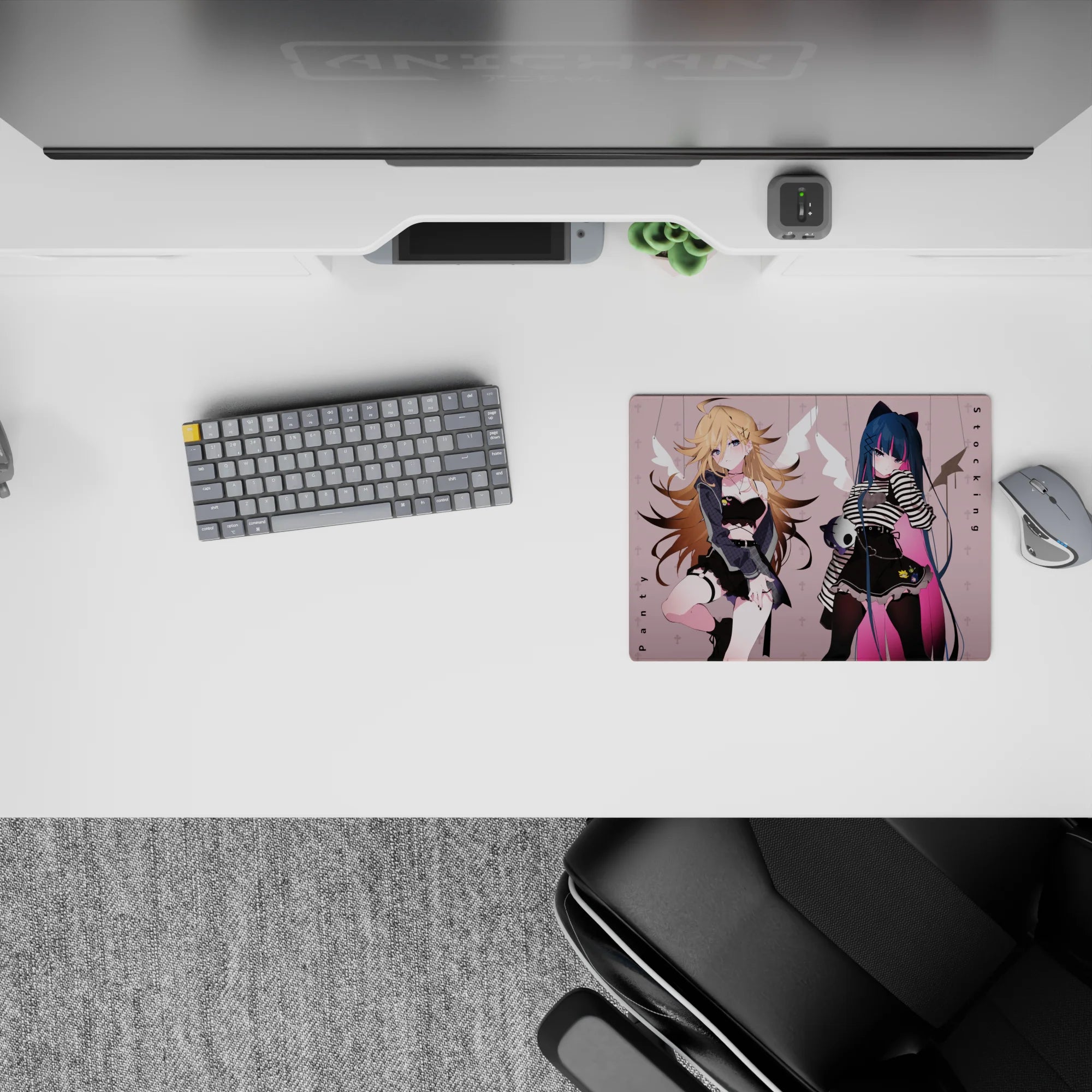 Moody pastel anime girl mouse pad 14x10 inches in blush pink with midnight blue, black lace, and cute edge.