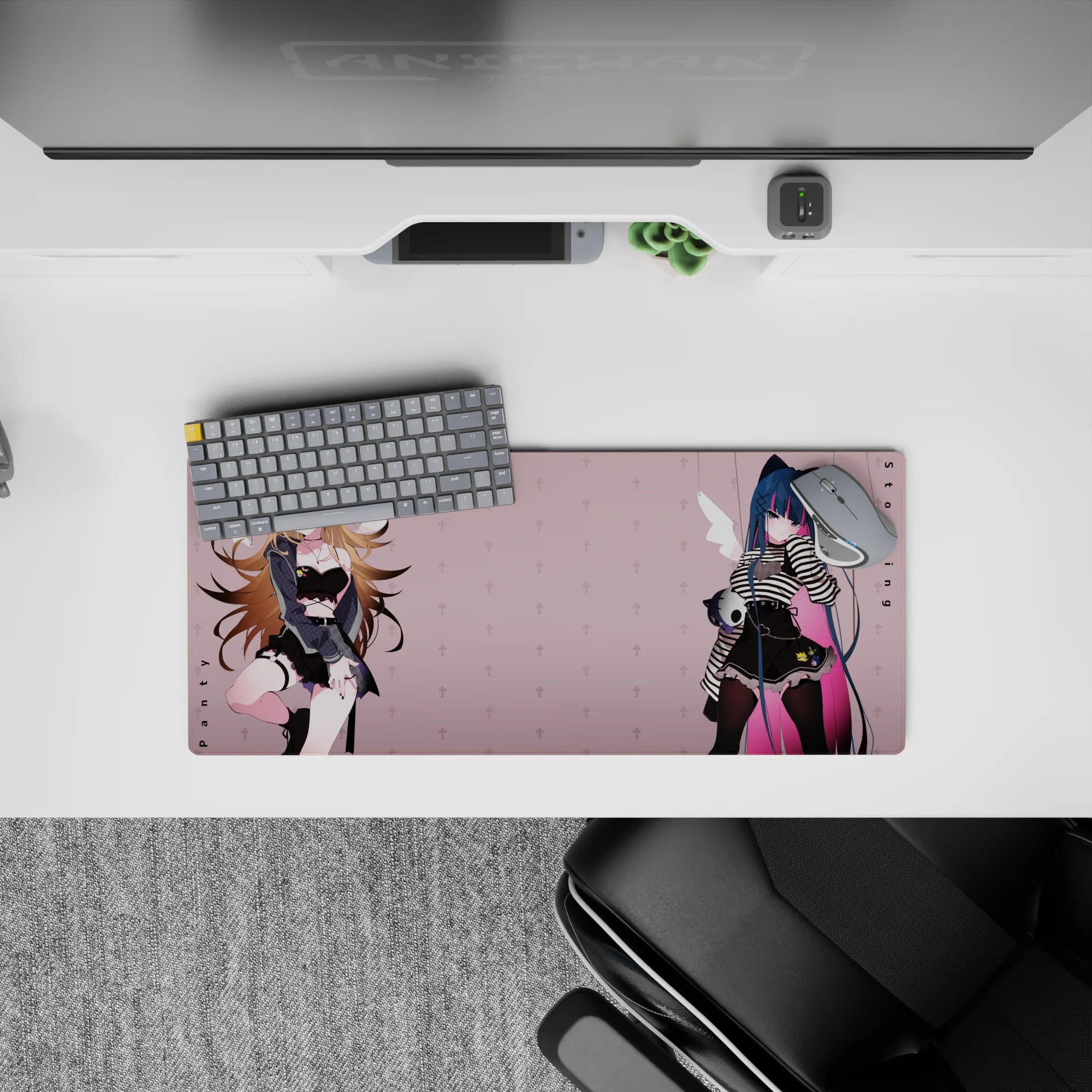 28x12 inches moody pastel anime mouse pad in blush, black lace, midnight blue hair, and pink streak accents.