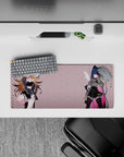 28x12 inches moody pastel anime mouse pad in blush, black lace, midnight blue hair, and pink streak accents.