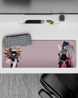 32x12 inches pastel blush desk mat in moody tones, midnight blue hair, pink streak, sharp outfit detail.