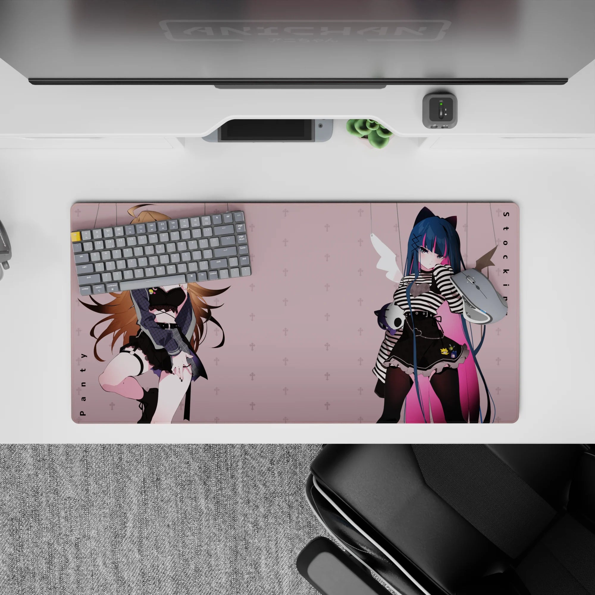 Moody pastel anime girl mouse pad 32x16 inches in blush, midnight blue, black lace, and pink accents.