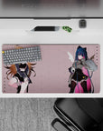 Moody pastel anime girl mouse pad 32x16 inches in blush, midnight blue, black lace, and pink accents.